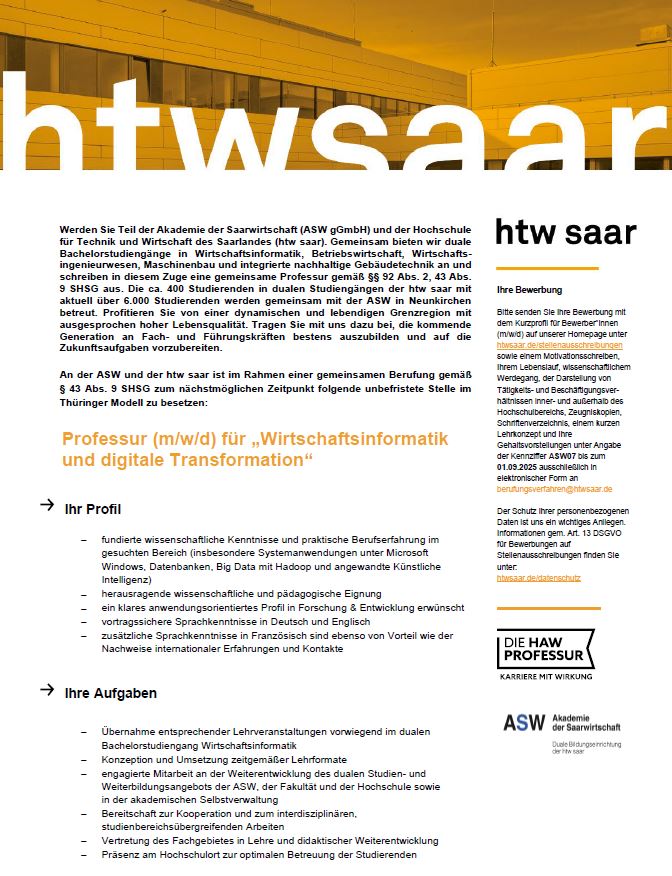 KW-33-2025: ASW – Stellenausschreibung: Professur (m/w/d) für „Wirtschaftsinformatik und digitale Transformation“